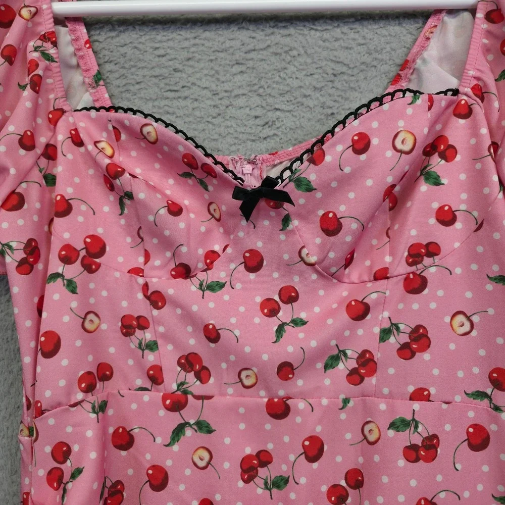 Womens Babydoll Pinup Dress L Pink Puff Sleeve Cherry Draped Coquette Mini‎